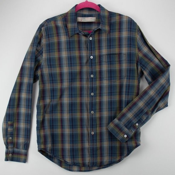 Levi's Men's Medium Button Up Long Sleeve Blue Yellow Red Plaid Red Tab Cotton - Picture 1 of 13